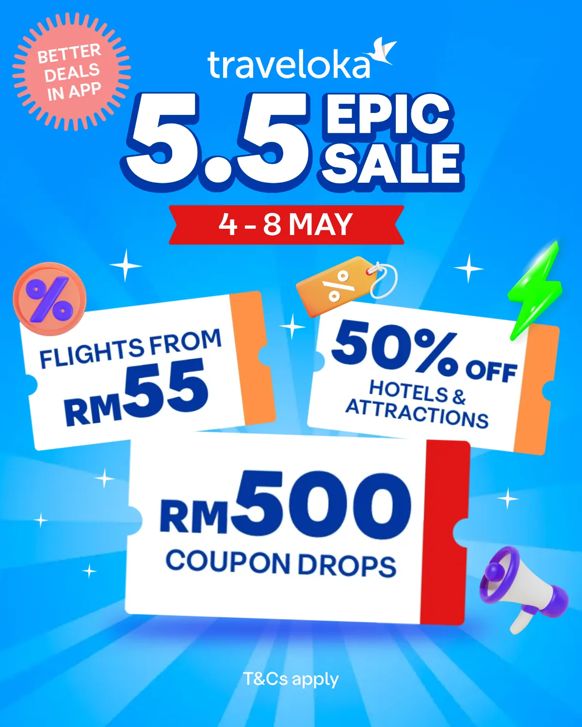 Traveloka 5.5 Epic Sale — Flights from RM55, 50% Off Hotels & Attractions, RM500 Coupon Drops